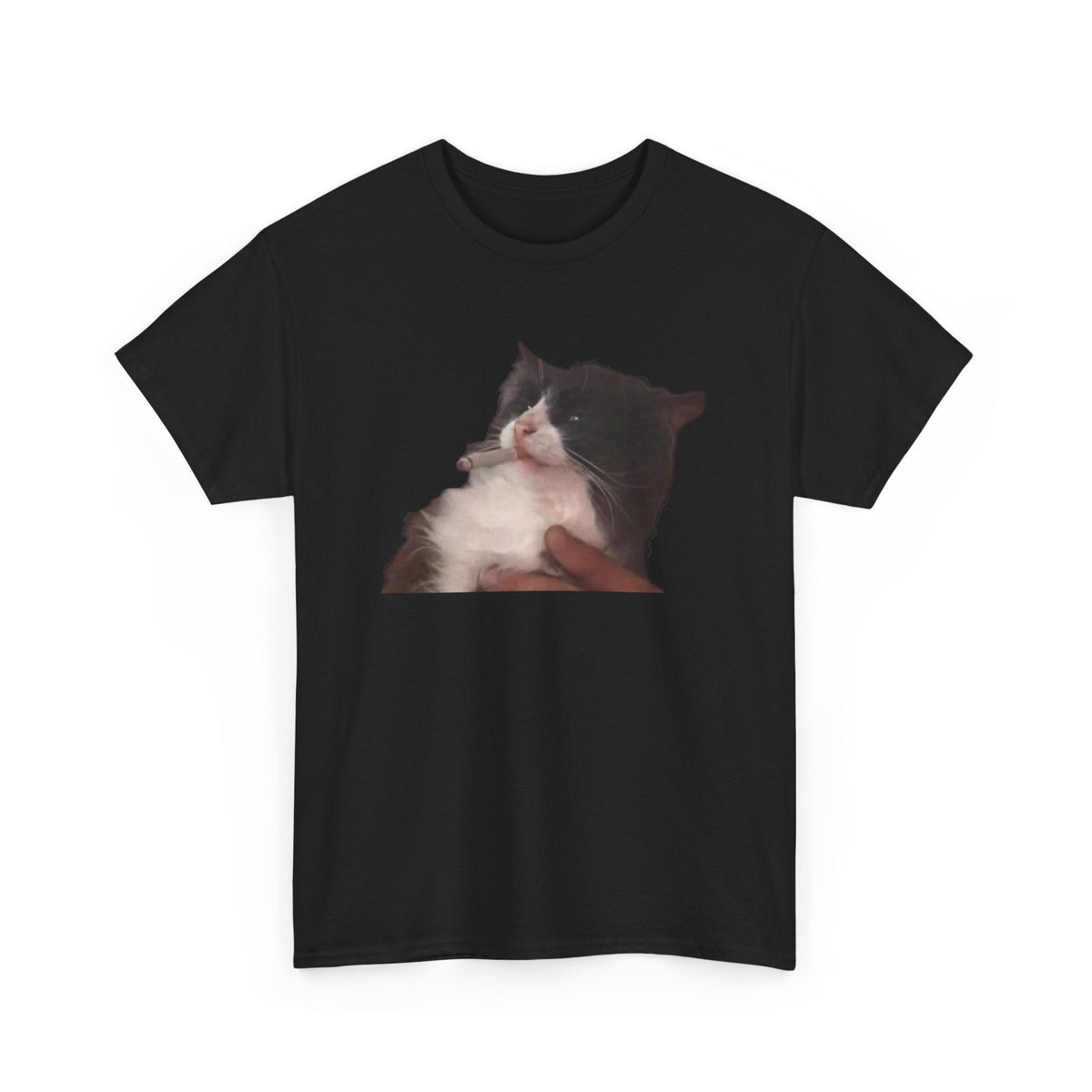 VOIDWEAR black cotton t-shirt featuring a graphic print of a tuxedo cat holding a cigarette